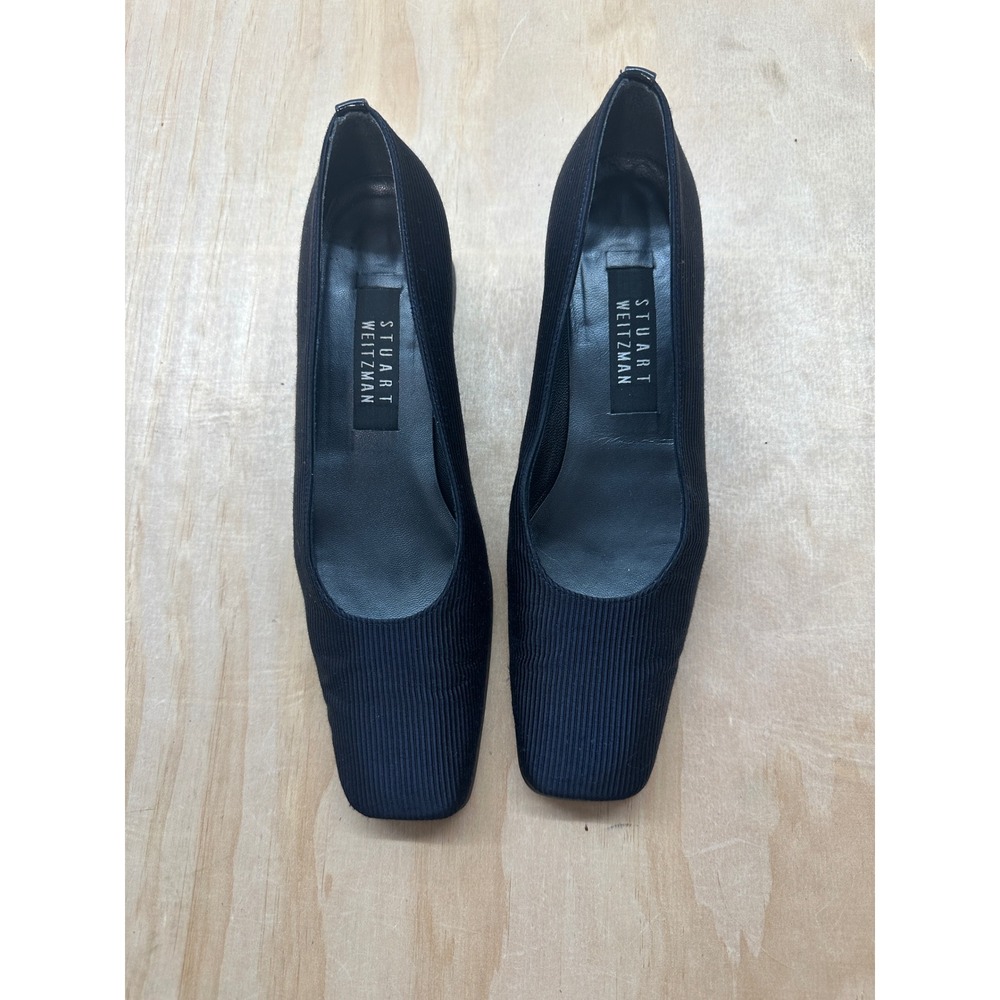 Stuart Weitzman Navy Ribbed Fabric Square Toe Block Heel Pumps 8.5 AA S 288166